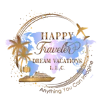 Travel agency logo featuring a cruise ship, palm tree, and suitcase with the text Happy Traveler Dream Vacations LLC.